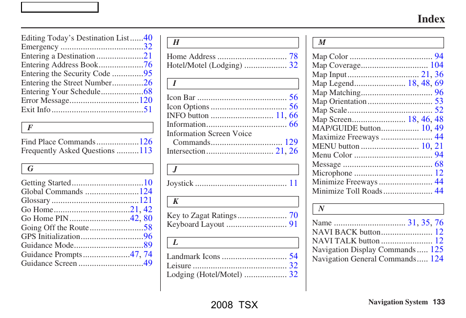 Index | Acura 2008 TSX Navigation User Manual | Page 133 / 137