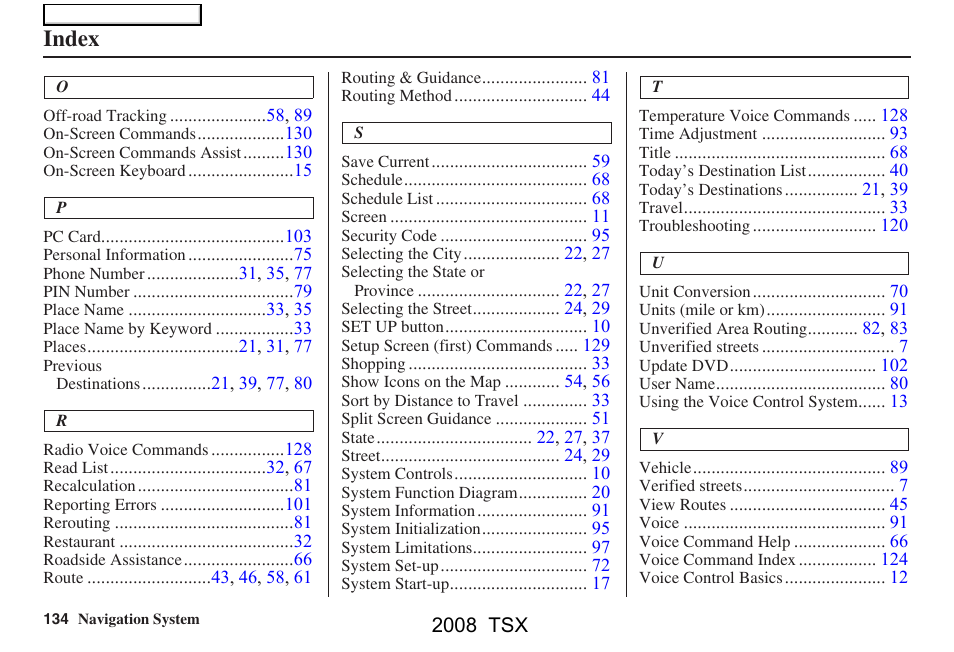 Index | Acura 2008 TSX Navigation User Manual | Page 134 / 137