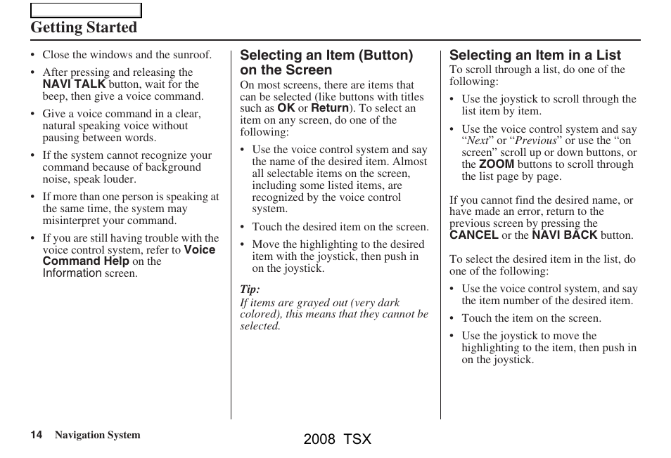 Getting started, 2008 tsx | Acura 2008 TSX Navigation User Manual | Page 14 / 137