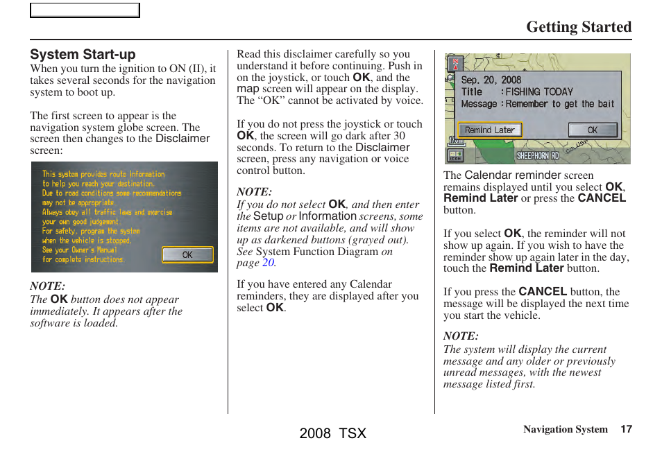 Getting started, 2008 tsx | Acura 2008 TSX Navigation User Manual | Page 17 / 137