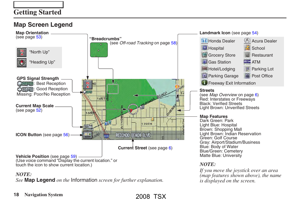 Getting started, 2008 tsx, Map screen legend | Acura 2008 TSX Navigation User Manual | Page 18 / 137