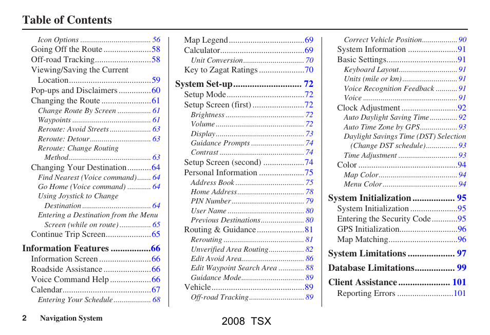 Acura 2008 TSX Navigation User Manual | Page 2 / 137