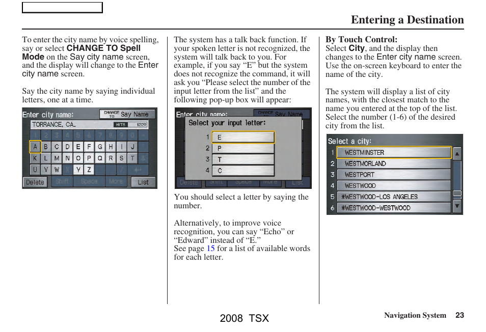 Entering a destination, 2008 tsx | Acura 2008 TSX Navigation User Manual | Page 23 / 137