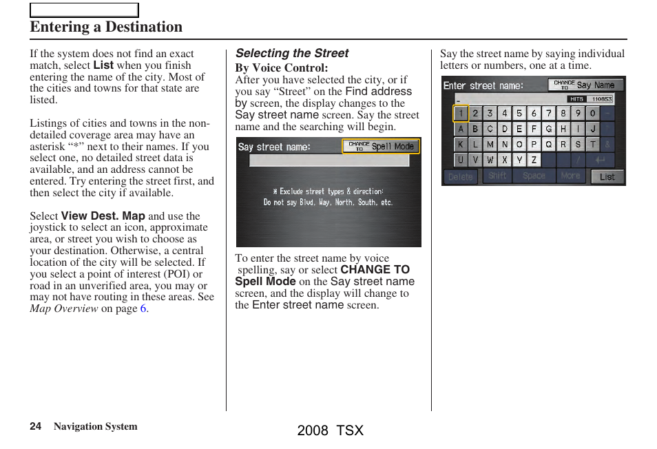 Entering a destination, 2008 tsx | Acura 2008 TSX Navigation User Manual | Page 24 / 137