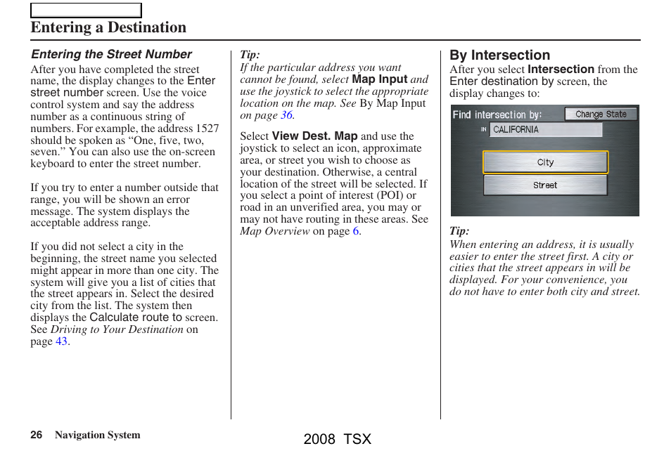 Entering a destination, 2008 tsx | Acura 2008 TSX Navigation User Manual | Page 26 / 137