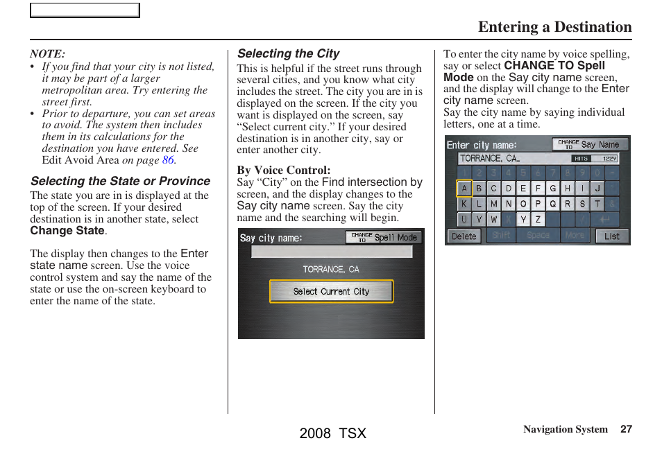 Entering a destination, 2008 tsx | Acura 2008 TSX Navigation User Manual | Page 27 / 137