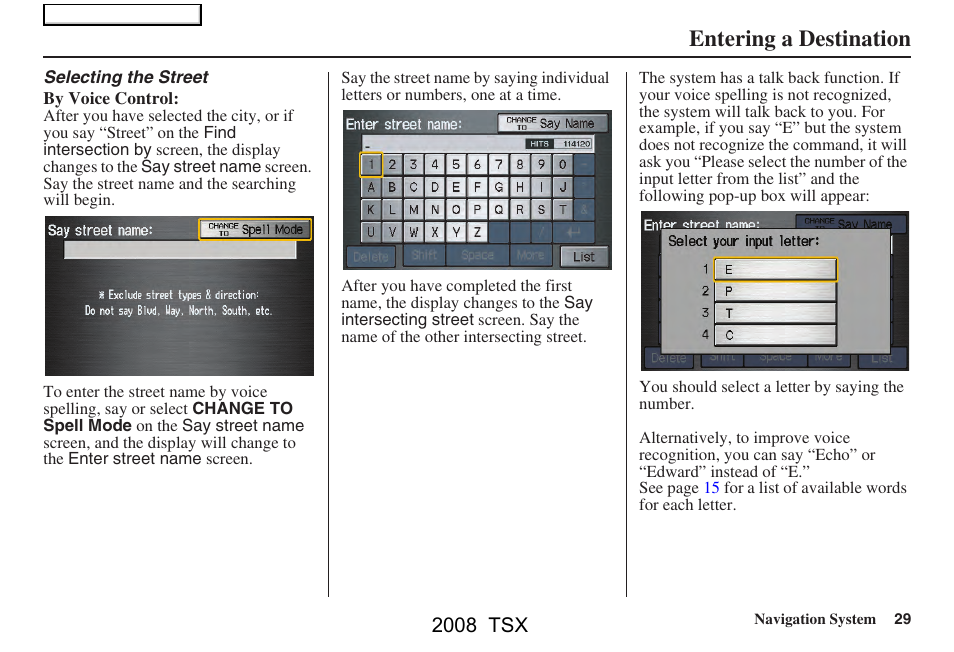 Entering a destination, 2008 tsx | Acura 2008 TSX Navigation User Manual | Page 29 / 137