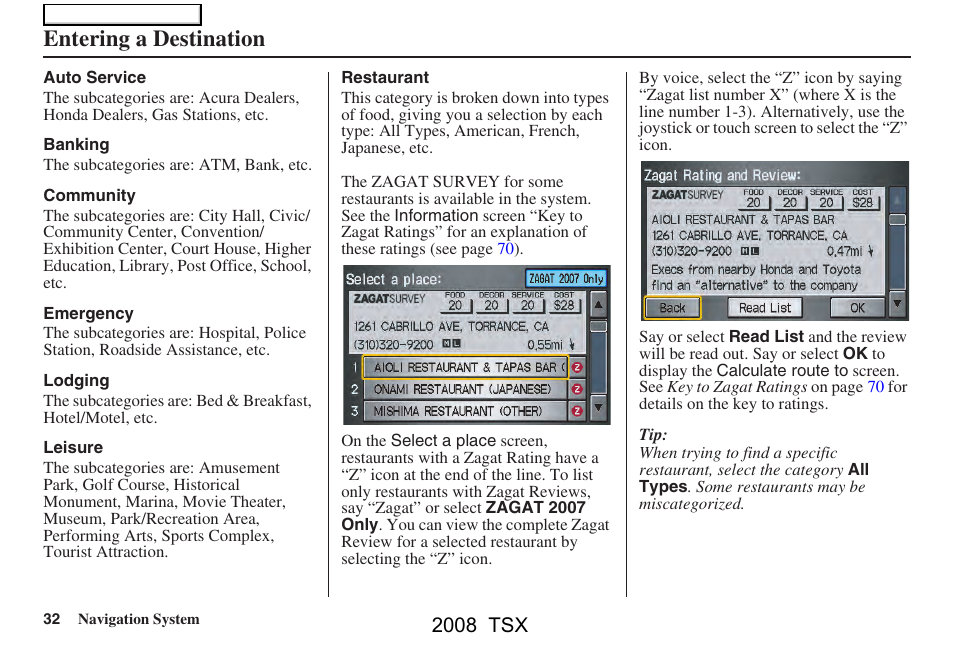 Entering a destination, 2008 tsx | Acura 2008 TSX Navigation User Manual | Page 32 / 137