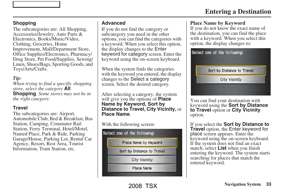 Entering a destination, 2008 tsx | Acura 2008 TSX Navigation User Manual | Page 33 / 137