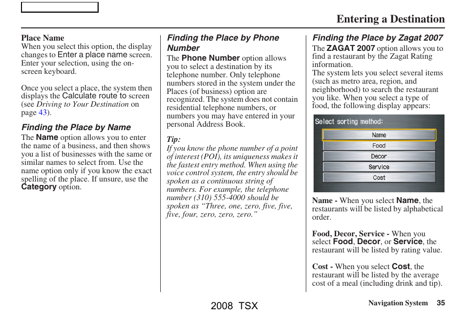 Entering a destination, 2008 tsx | Acura 2008 TSX Navigation User Manual | Page 35 / 137