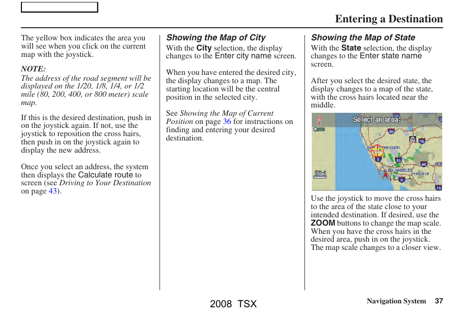 Entering a destination, 2008 tsx | Acura 2008 TSX Navigation User Manual | Page 37 / 137