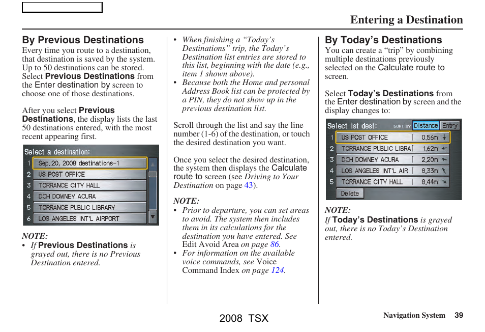 Entering a destination, 2008 tsx | Acura 2008 TSX Navigation User Manual | Page 39 / 137