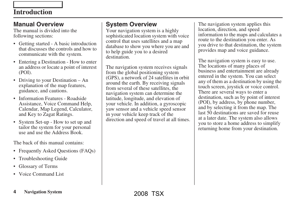 Introduction, 2008 tsx | Acura 2008 TSX Navigation User Manual | Page 4 / 137