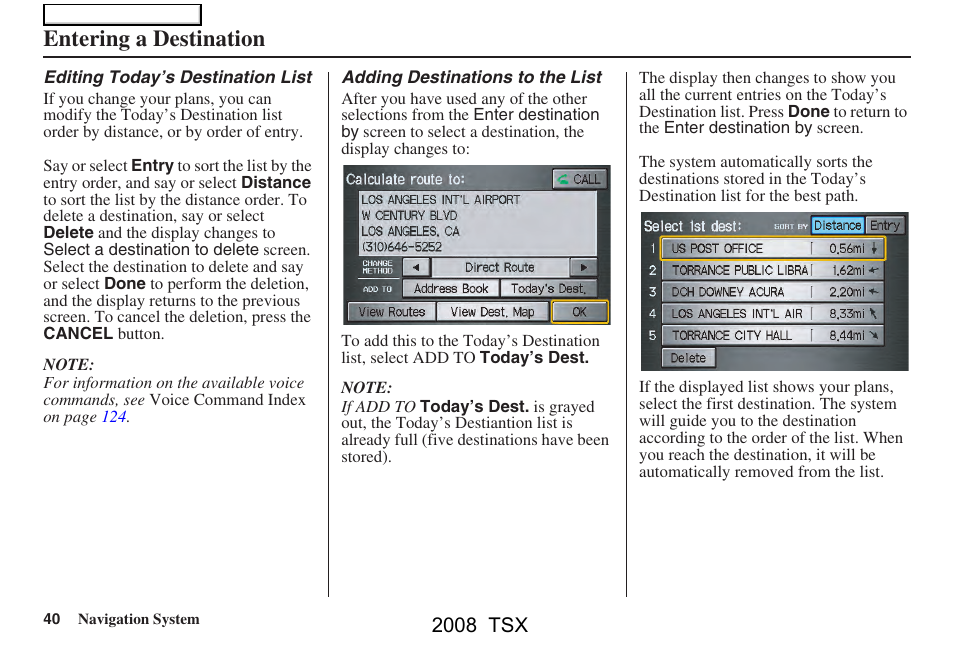 Entering a destination, 2008 tsx | Acura 2008 TSX Navigation User Manual | Page 40 / 137
