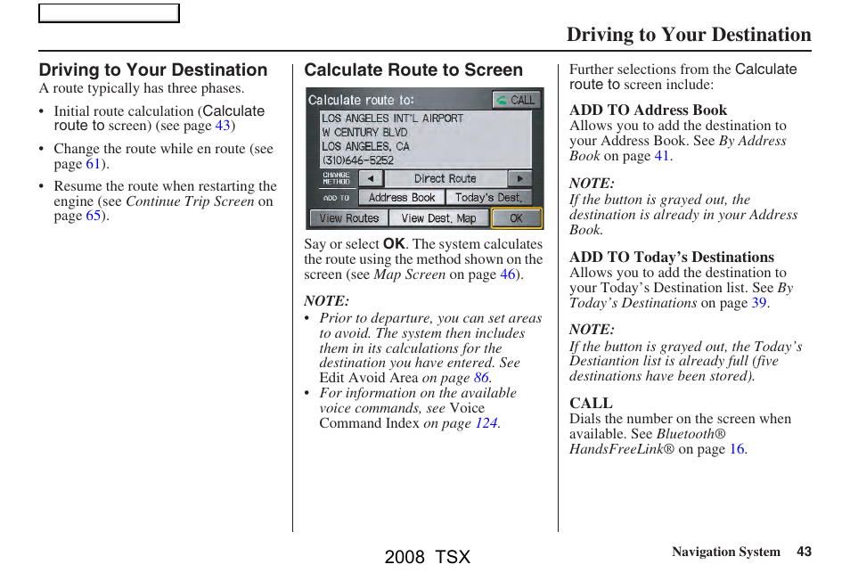 Driving to your destination, 2008 tsx | Acura 2008 TSX Navigation User Manual | Page 43 / 137