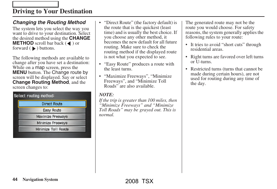 Driving to your destination, 2008 tsx | Acura 2008 TSX Navigation User Manual | Page 44 / 137