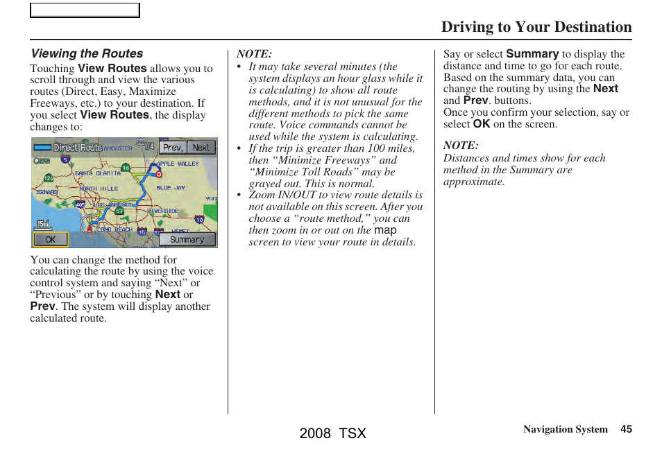 Driving to your destination, 2008 tsx | Acura 2008 TSX Navigation User Manual | Page 45 / 137