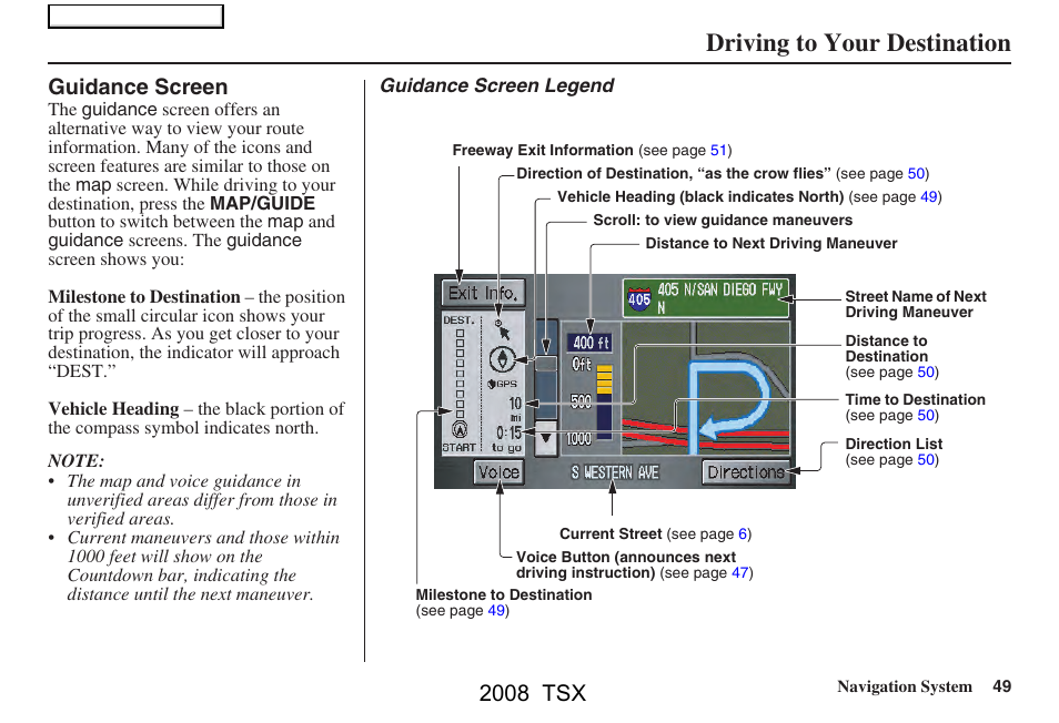 Driving to your destination, 2008 tsx, Guidance screen | Acura 2008 TSX Navigation User Manual | Page 49 / 137