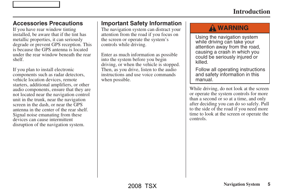 Introduction, Warning | Acura 2008 TSX Navigation User Manual | Page 5 / 137