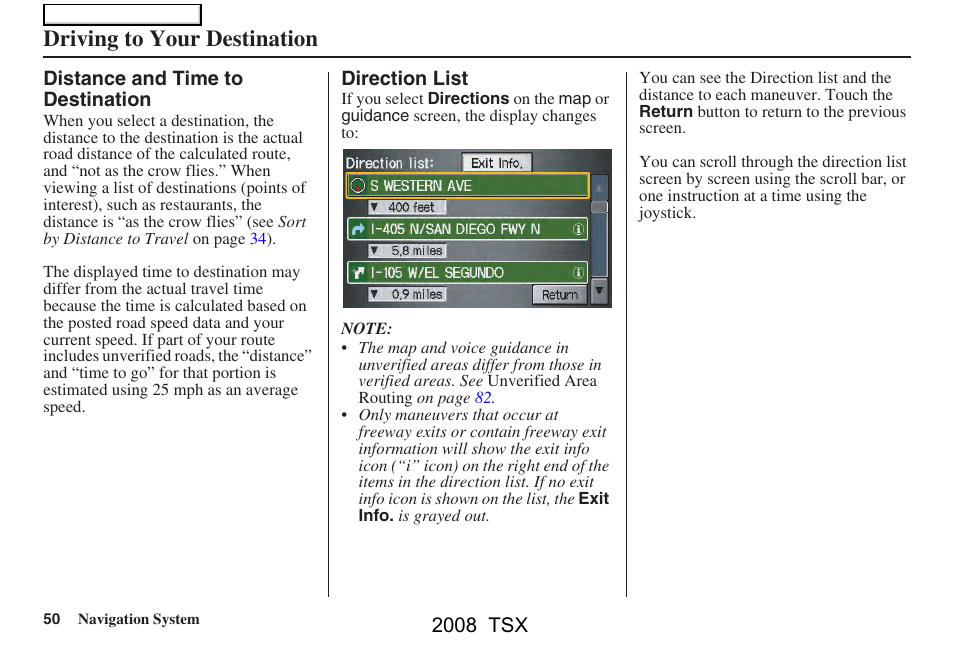 Driving to your destination, 2008 tsx | Acura 2008 TSX Navigation User Manual | Page 50 / 137