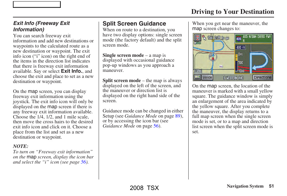 Driving to your destination, 2008 tsx | Acura 2008 TSX Navigation User Manual | Page 51 / 137