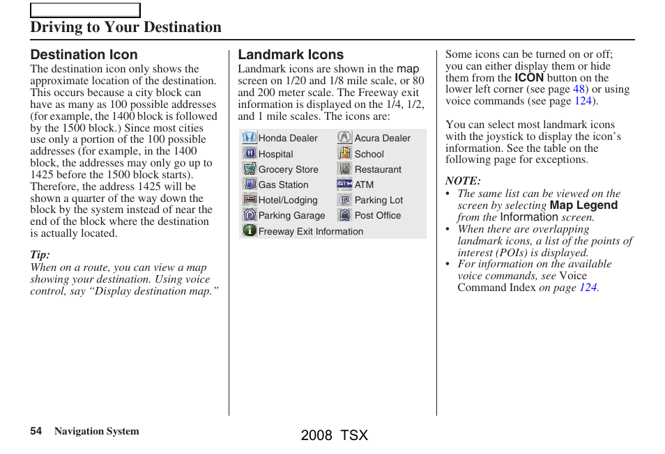 Driving to your destination, 2008 tsx, Destination icon | Landmark icons | Acura 2008 TSX Navigation User Manual | Page 54 / 137