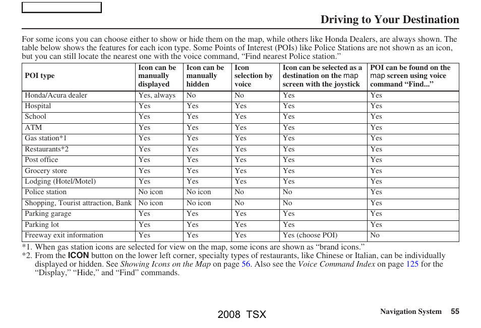 Driving to your destination, 2008 tsx | Acura 2008 TSX Navigation User Manual | Page 55 / 137