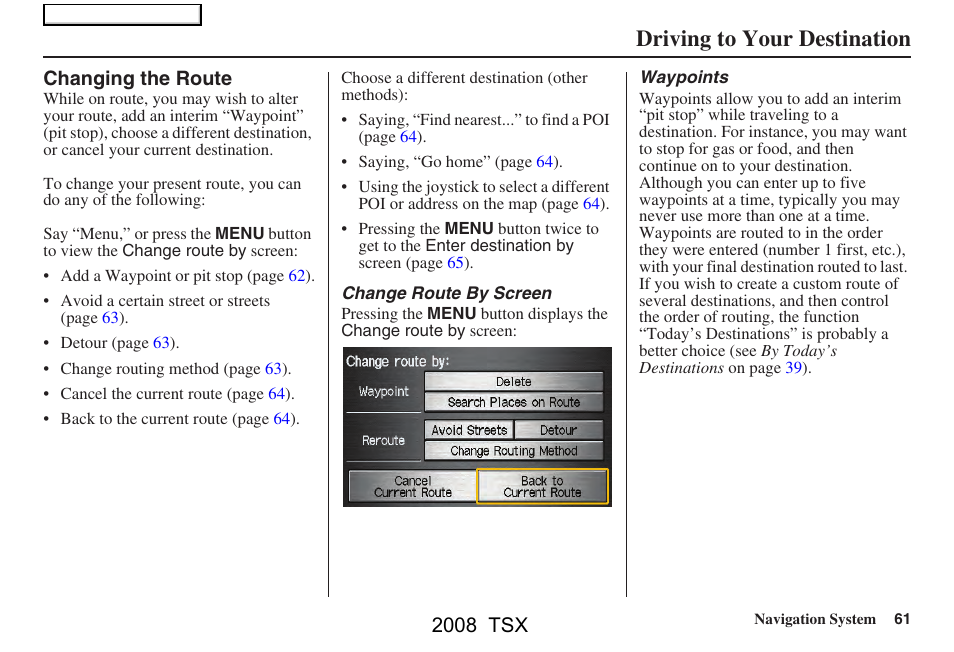 Driving to your destination, 2008 tsx | Acura 2008 TSX Navigation User Manual | Page 61 / 137