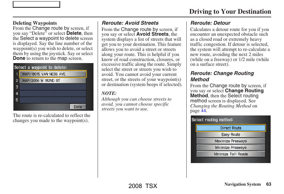 Driving to your destination, 2008 tsx | Acura 2008 TSX Navigation User Manual | Page 63 / 137