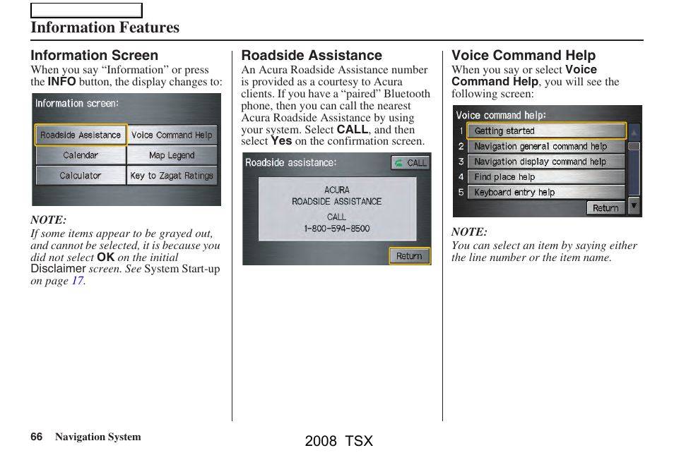 Information features | Acura 2008 TSX Navigation User Manual | Page 66 / 137