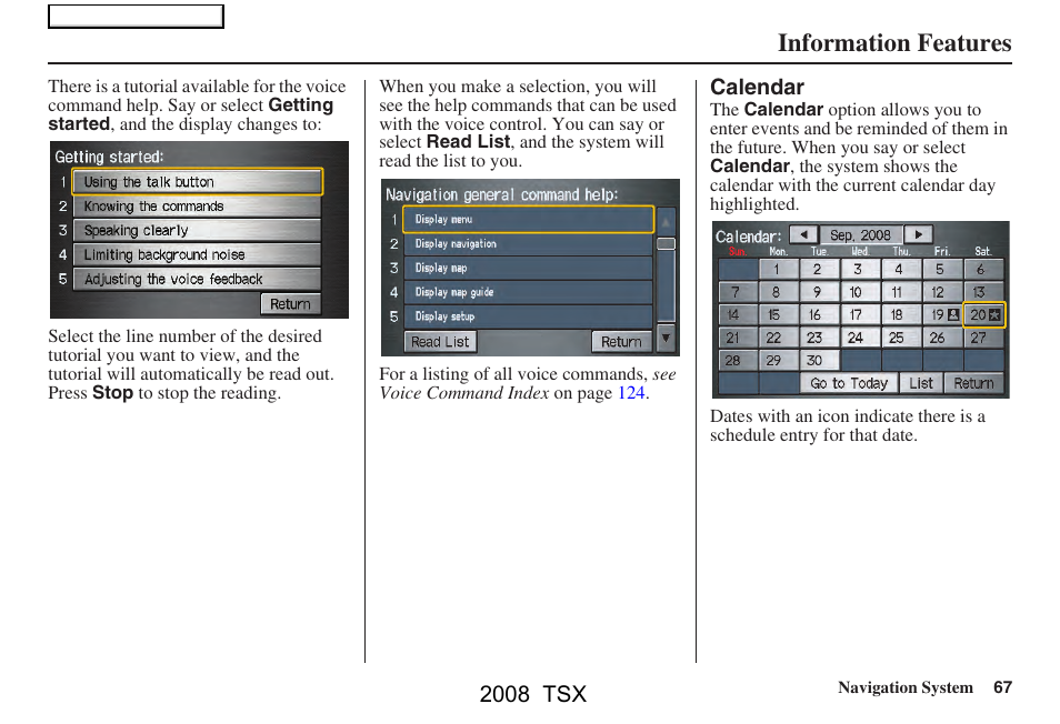 Information features | Acura 2008 TSX Navigation User Manual | Page 67 / 137