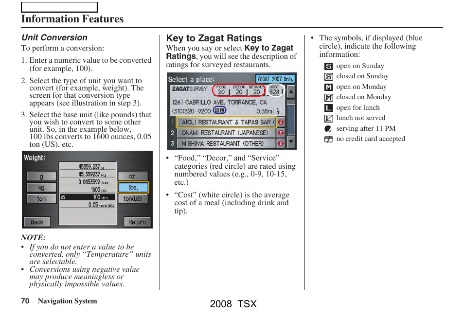 Information features, 2008 tsx | Acura 2008 TSX Navigation User Manual | Page 70 / 137