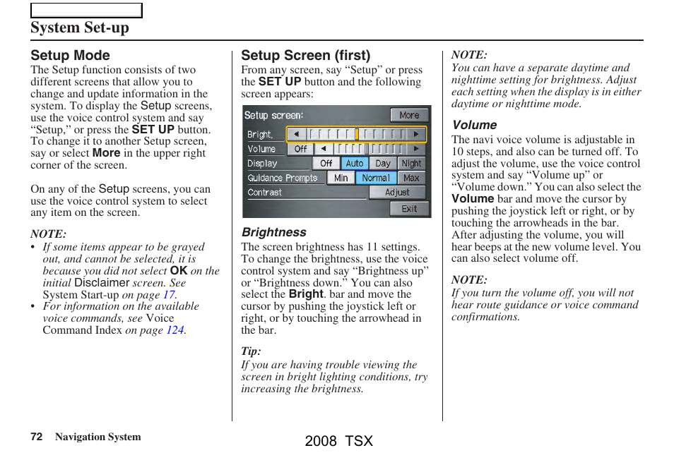 System set-up, 2008 tsx | Acura 2008 TSX Navigation User Manual | Page 72 / 137