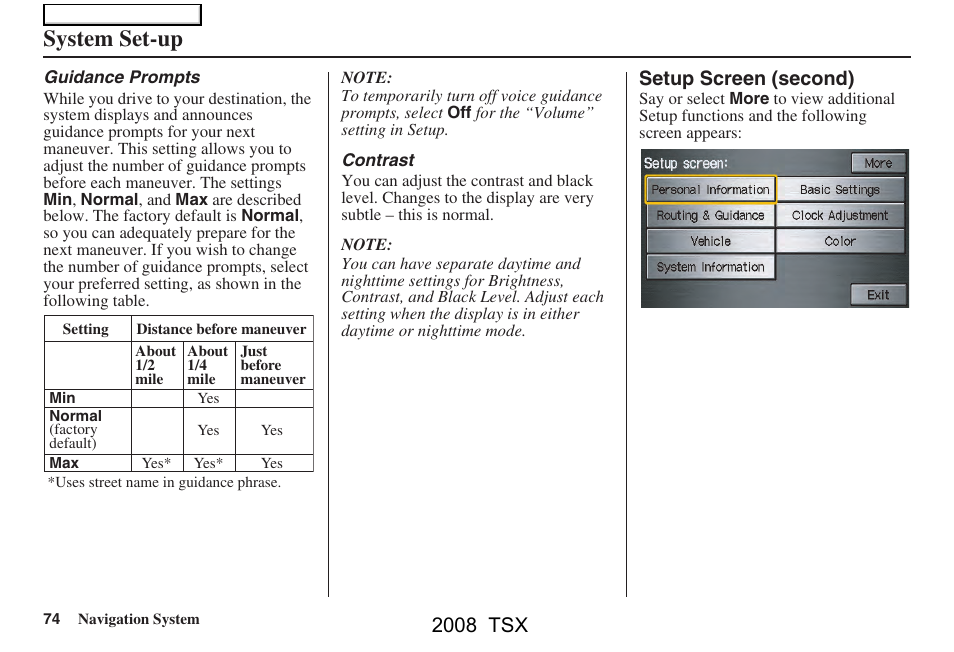 System set-up, 2008 tsx | Acura 2008 TSX Navigation User Manual | Page 74 / 137