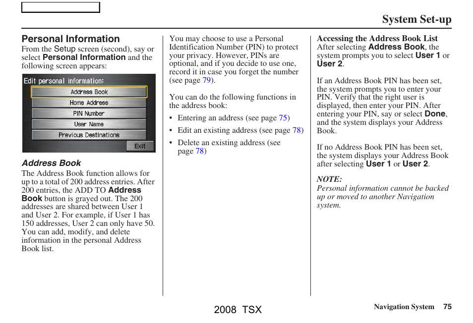 System set-up, 2008 tsx | Acura 2008 TSX Navigation User Manual | Page 75 / 137