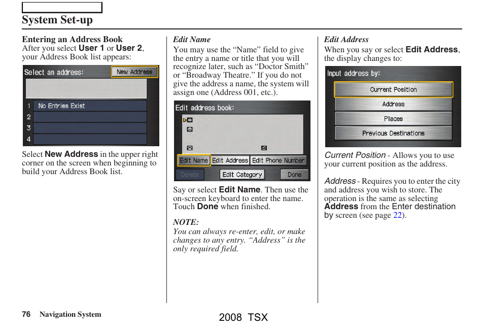 System set-up, 2008 tsx | Acura 2008 TSX Navigation User Manual | Page 76 / 137