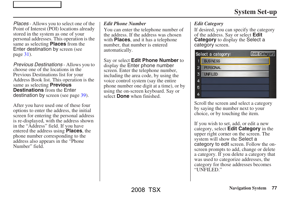 System set-up, 2008 tsx | Acura 2008 TSX Navigation User Manual | Page 77 / 137
