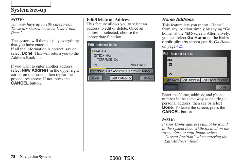 System set-up, 2008 tsx | Acura 2008 TSX Navigation User Manual | Page 78 / 137