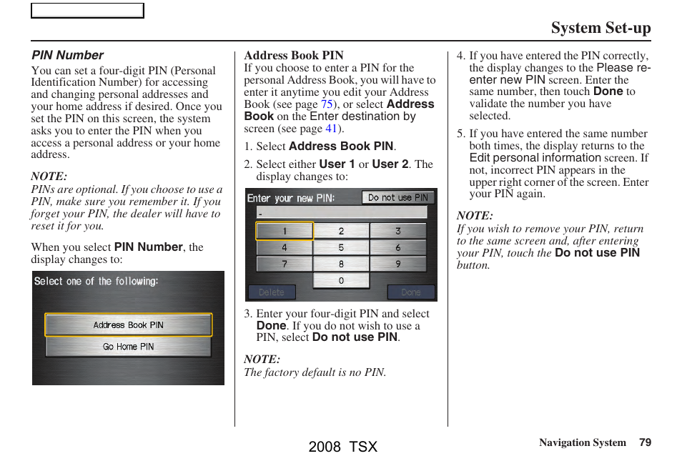 System set-up, 2008 tsx | Acura 2008 TSX Navigation User Manual | Page 79 / 137