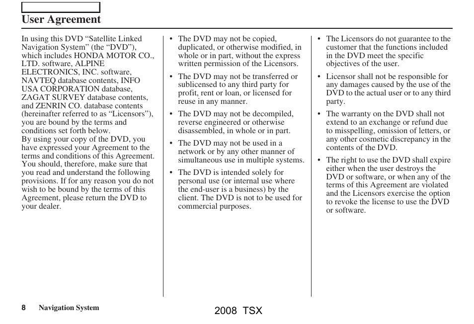 User agreement, 2008 tsx | Acura 2008 TSX Navigation User Manual | Page 8 / 137