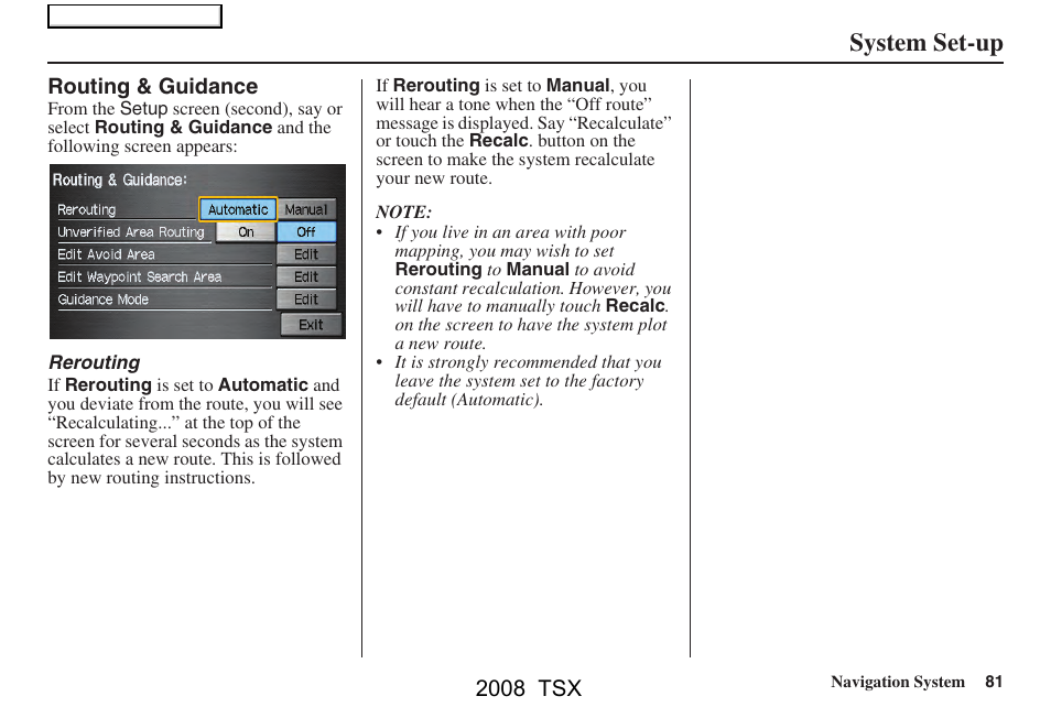 System set-up | Acura 2008 TSX Navigation User Manual | Page 81 / 137