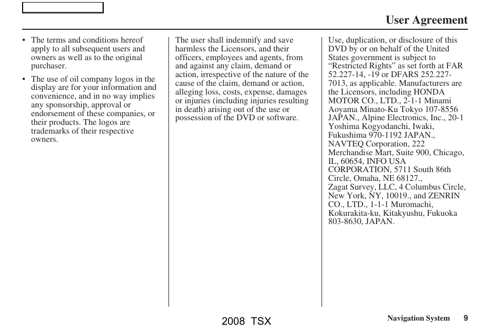 User agreement, 2008 tsx | Acura 2008 TSX Navigation User Manual | Page 9 / 137