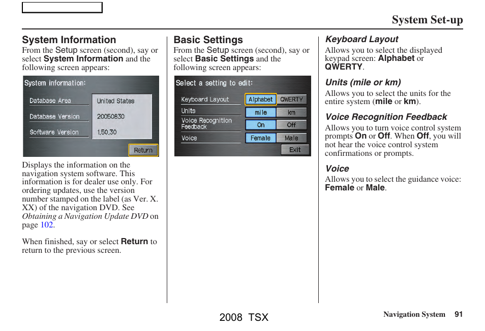 System set-up | Acura 2008 TSX Navigation User Manual | Page 91 / 137