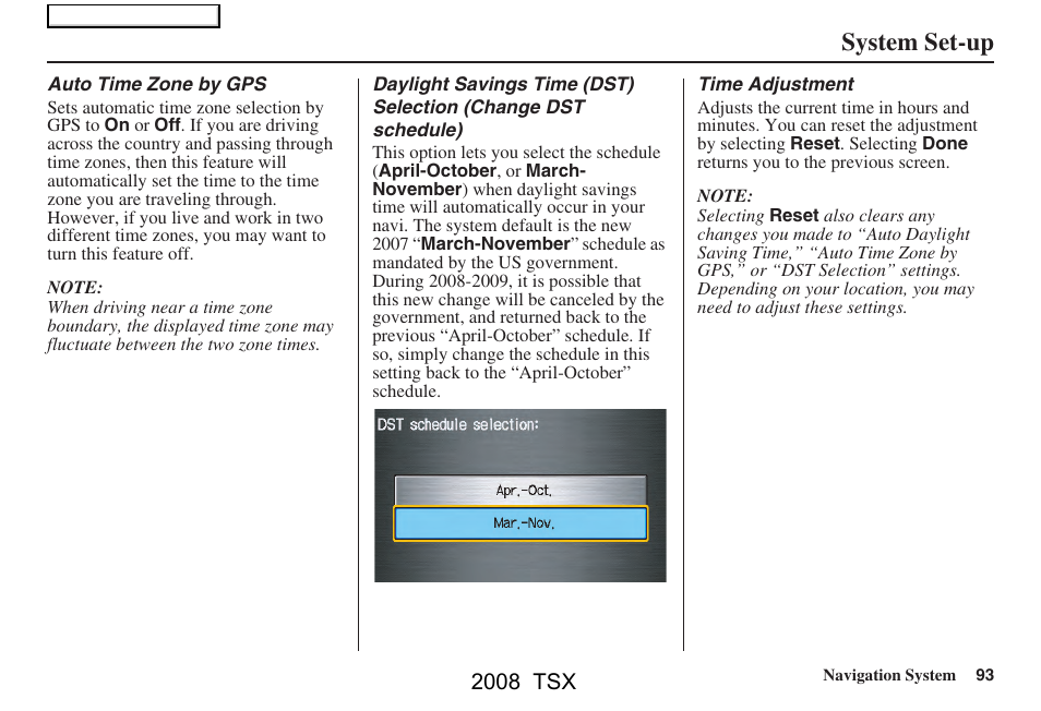 System set-up, 2008 tsx | Acura 2008 TSX Navigation User Manual | Page 93 / 137