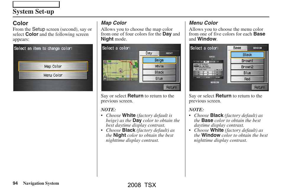 System set-up, 2008 tsx | Acura 2008 TSX Navigation User Manual | Page 94 / 137