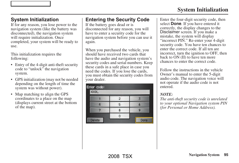 System initialization | Acura 2008 TSX Navigation User Manual | Page 95 / 137