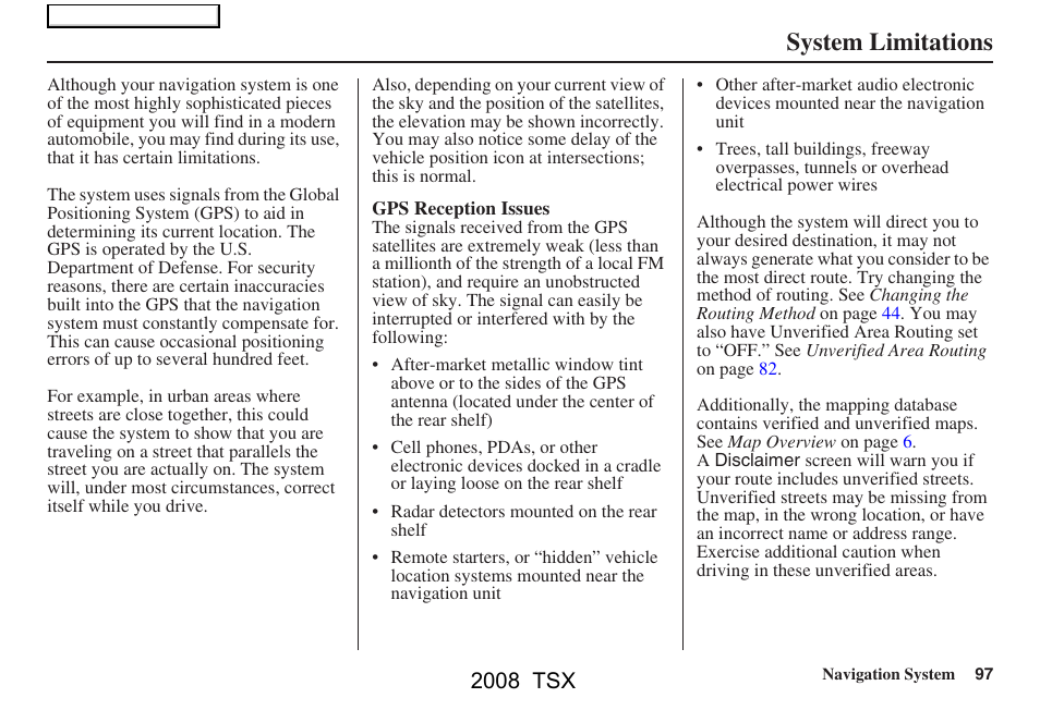 System limitations, 2008 tsx | Acura 2008 TSX Navigation User Manual | Page 97 / 137