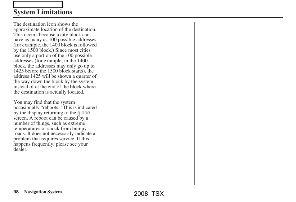 System limitations | Acura 2008 TSX Navigation User Manual | Page 98 / 137