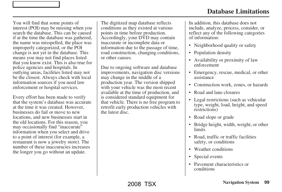 Database limitations, 2008 tsx | Acura 2008 TSX Navigation User Manual | Page 99 / 137