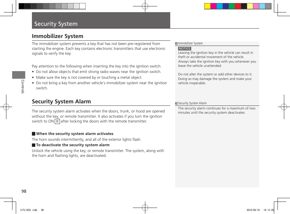Security system, Immobilizer system, Security system alarm | Acura 2011 TSX User Manual | Page 100 / 325